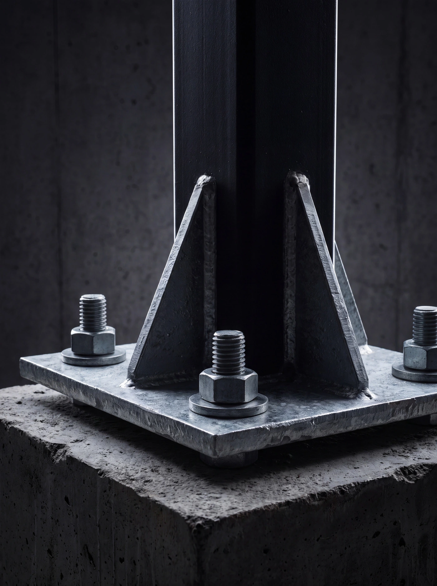 Galvanized steel base plate with four anchor bolts on a concrete footing, stiffener gussets rising to a black column.