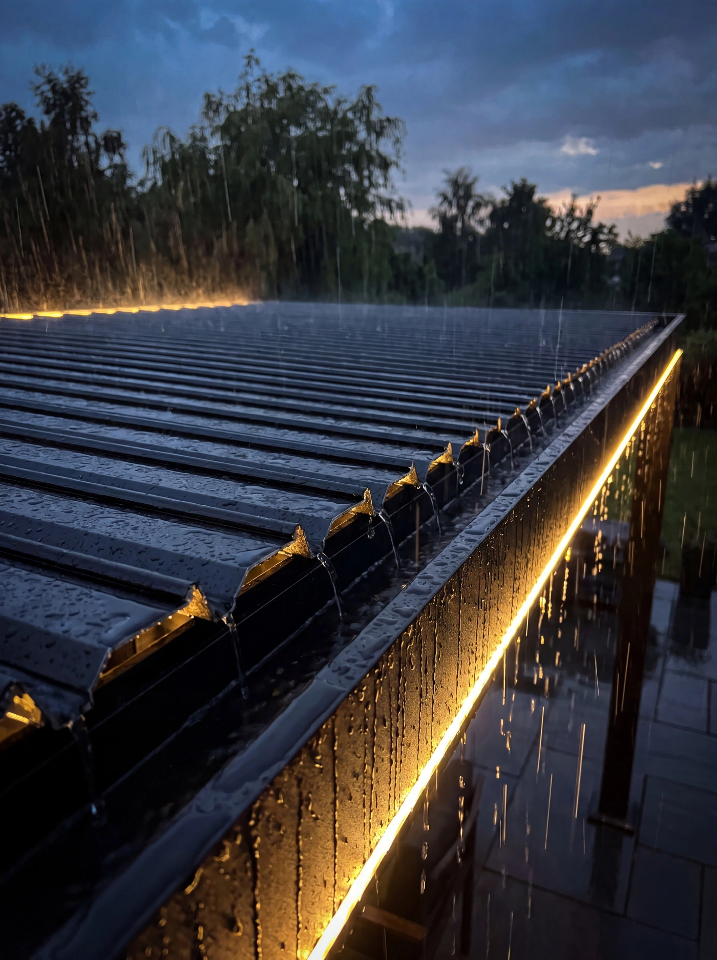 Rain streaming along the closed blades of a louvered roof at dusk, warm light glowing through the wet edge.