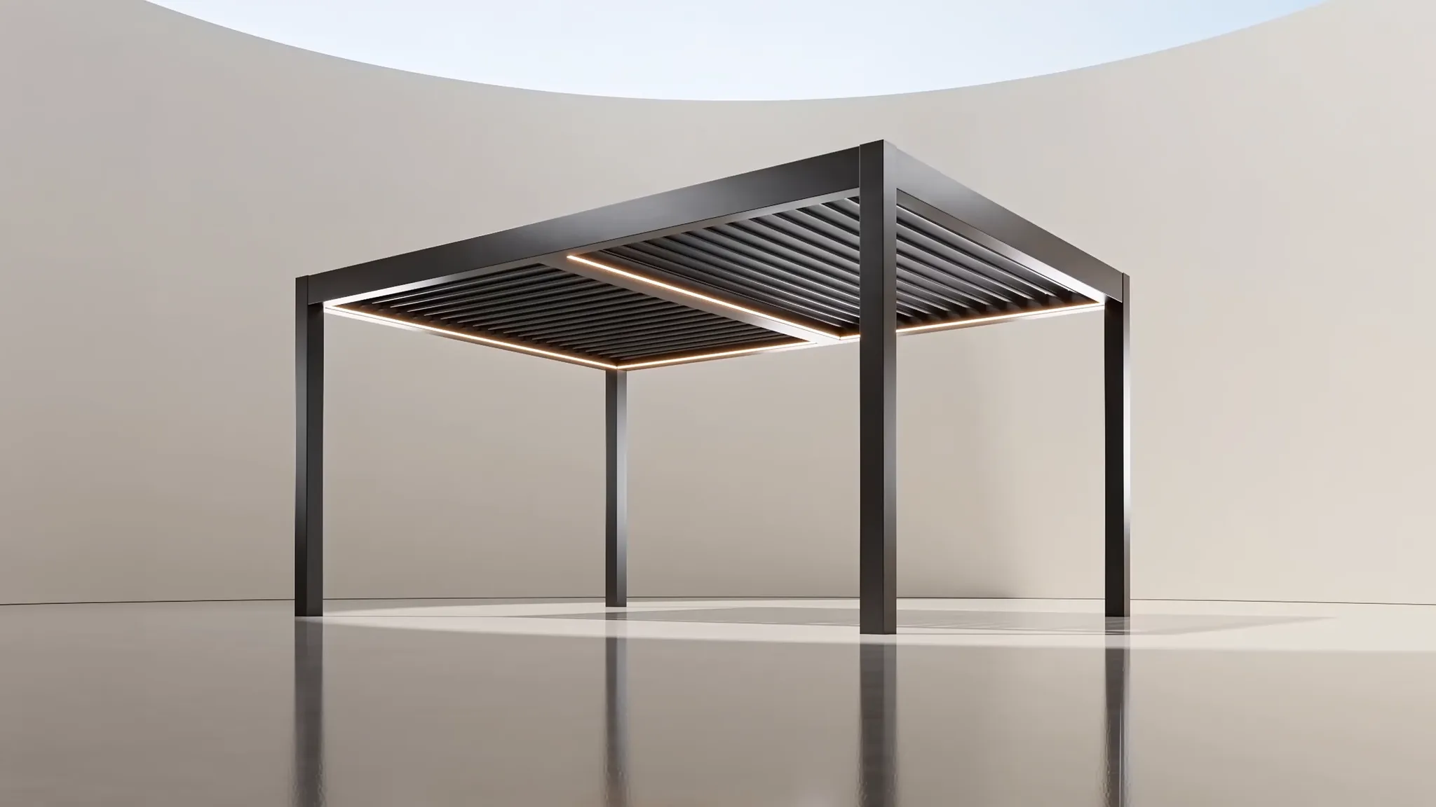 150BC louvered system assembled in a bright studio, warm LED perimeter lit