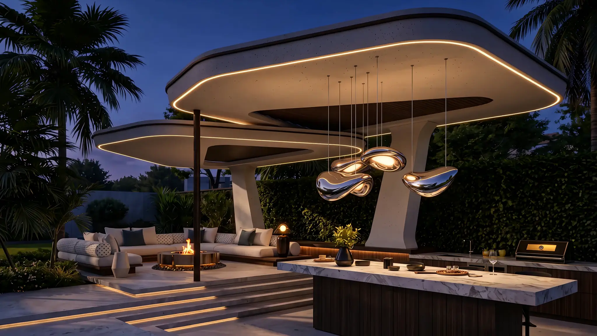 NIRVANA canopy family at night — LED rim, chrome pendants and fire bowl carrying the scene.