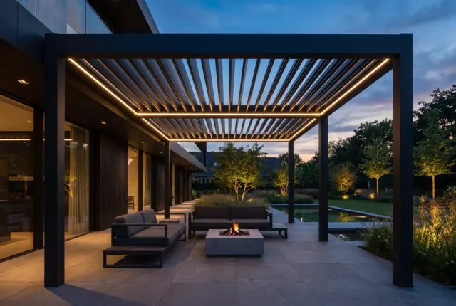 Black bioclimatic pergola on a villa terrace at dusk