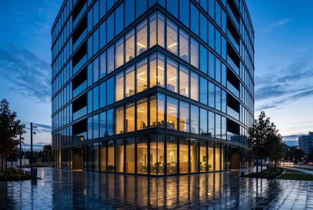 Unitized glass curtain wall on a commercial building at blue hour