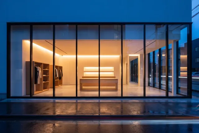 Slim black storefront facade at blue hour