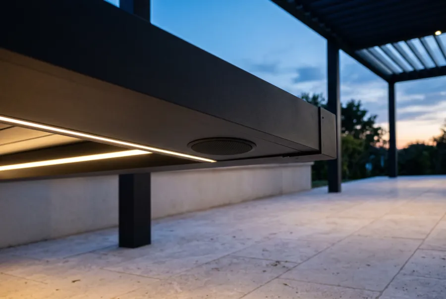 Flush speaker integrated in a pergola beam