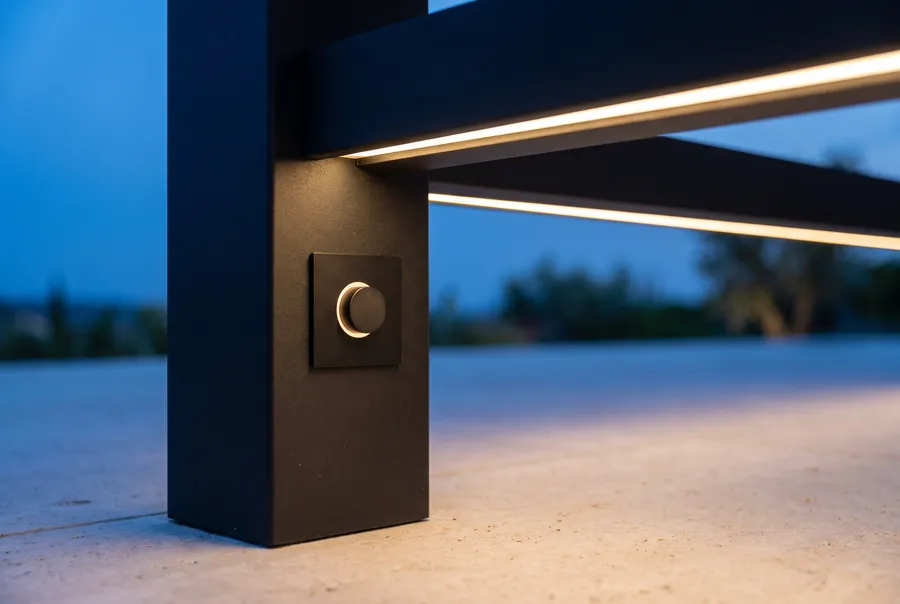 Minimal control dial on a pergola post