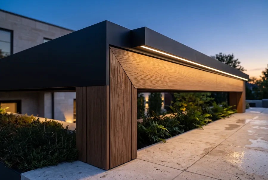 Wood-look composite cladding on a pergola frame