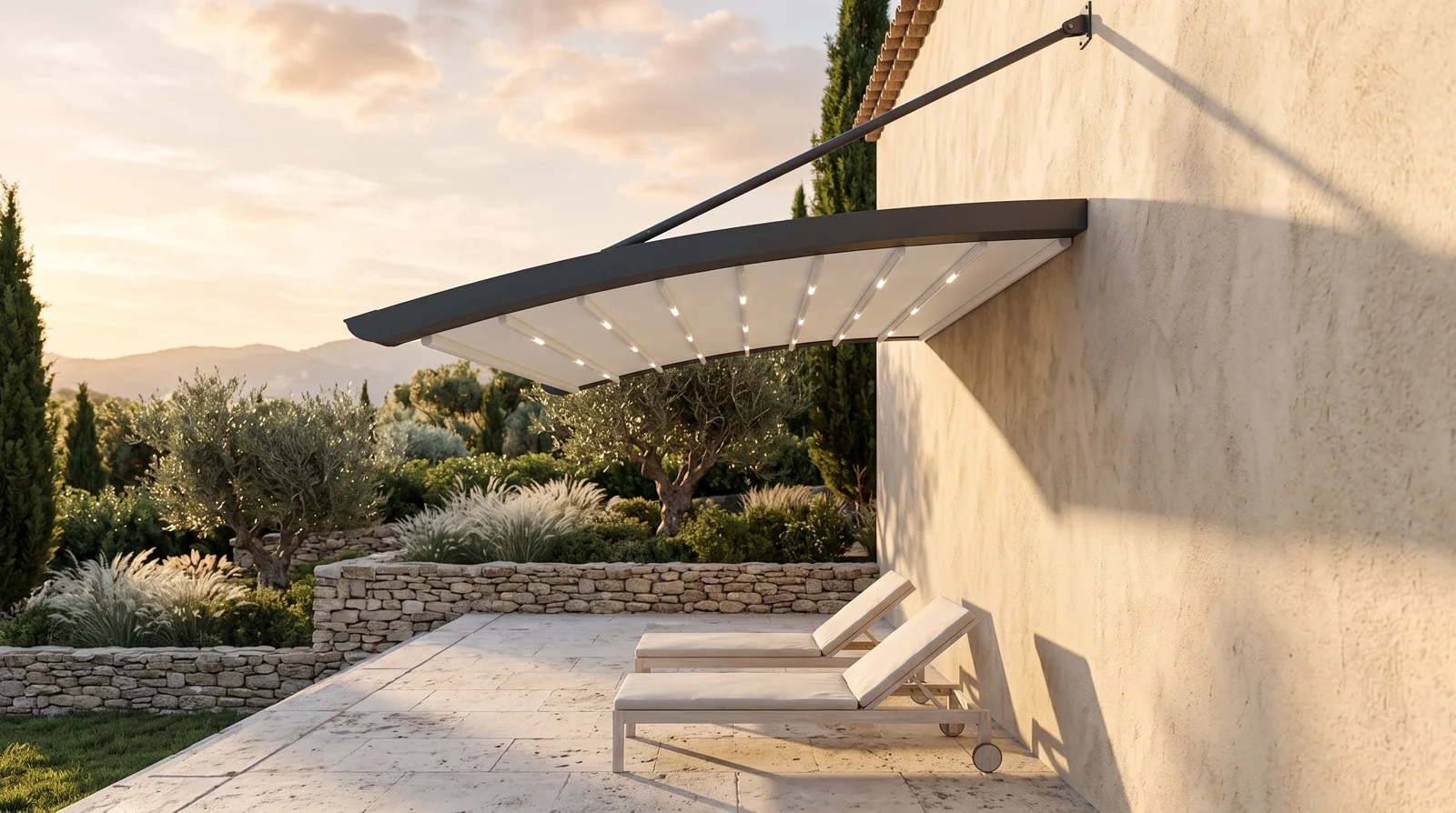 Arched fabric canopy cantilevered from a villa wall on tension struts, curved roof closed tight, no posts beneath