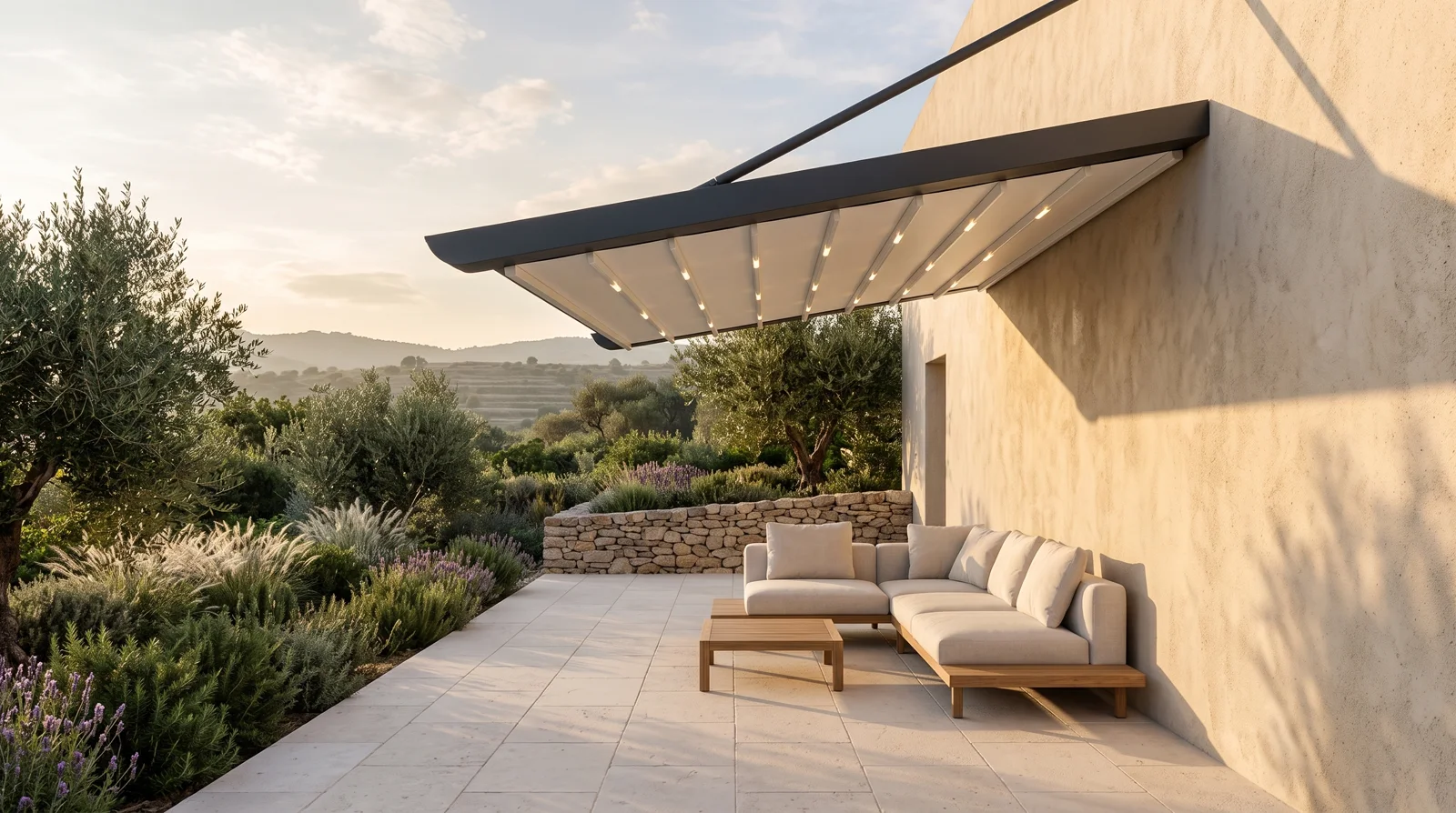 Wall-mounted cantilevered fabric canopy held on diagonal tension struts with no posts, the terrace completely clear beneath