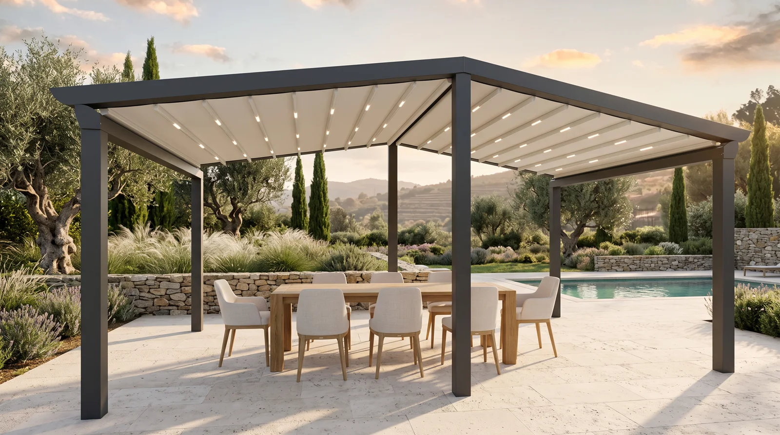 Free-standing four-post fabric pergola with the membrane closed tight, open on all sides over a garden dining terrace