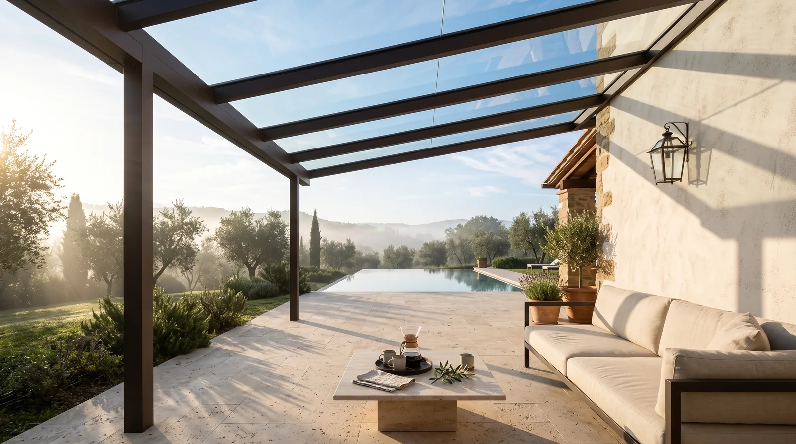 A glass-roof pergola running as a lean-to off a villa wall, pane shadows falling across a terrace sofa
