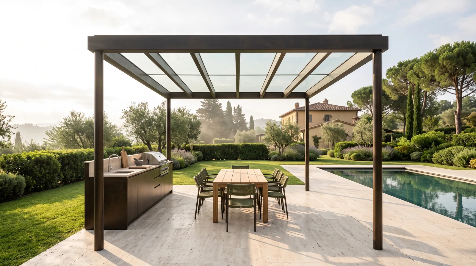A free-standing glass-roof pergola on four posts over a garden outdoor kitchen and dining table, sky visible through the roof