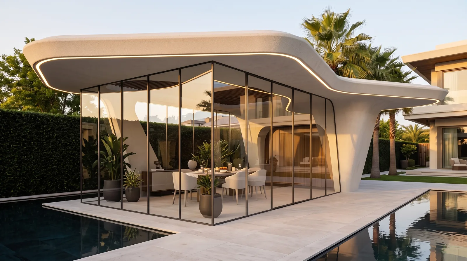 A sculptural white canopy closed into a glazed room, its lit rim tracing the roof edge above a set table