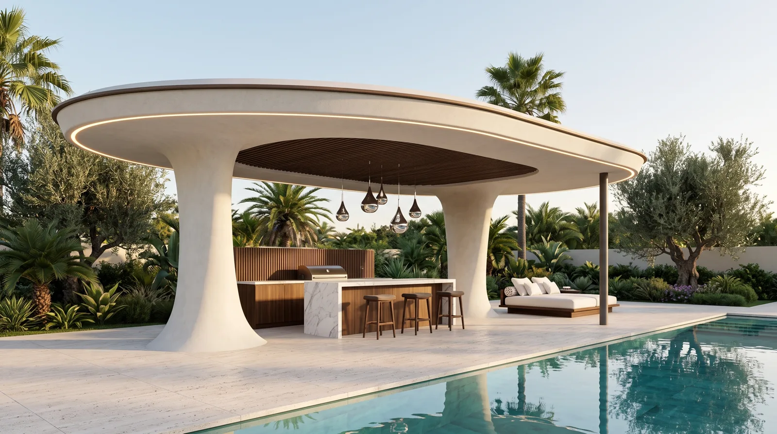 A free-standing elliptical white canopy on sculpted columns over a marble bar and daybed beside a pool