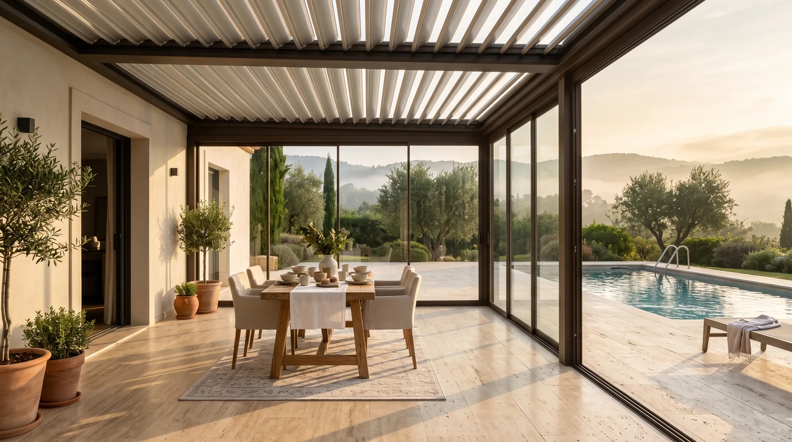 A louvered pergola closed into a sealed room by full-height glass walls, blades at a shallow pitch striping sun across a breakfast table