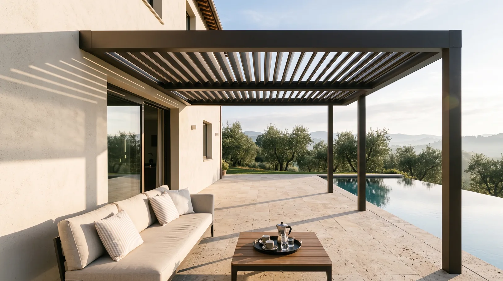 A louvered pergola running as a lean-to off a villa wall, blades at pitch laying striped sun over an outdoor sofa