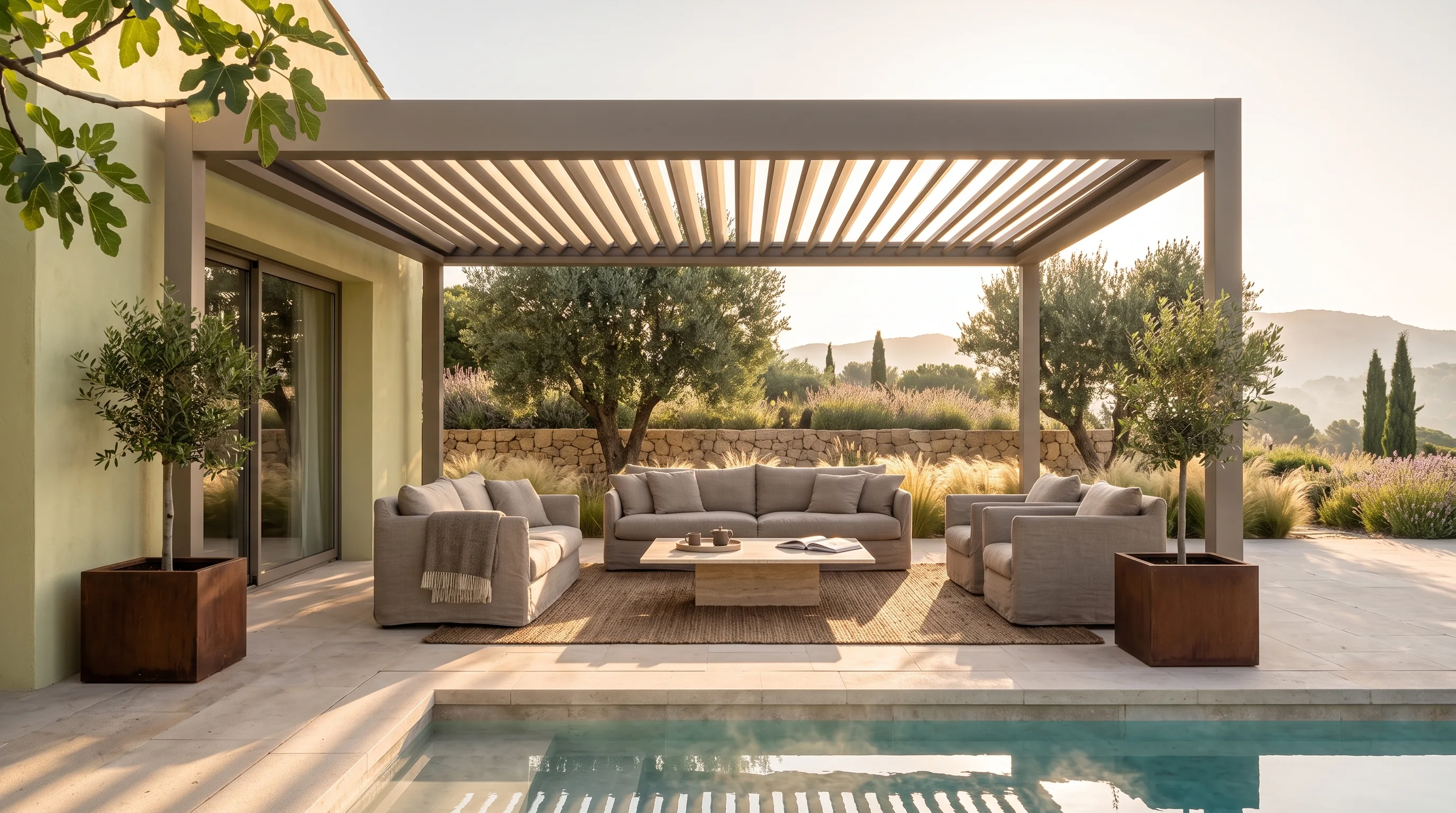 Louvered pergola at first light over a poolside lounge, striped sun through the blades