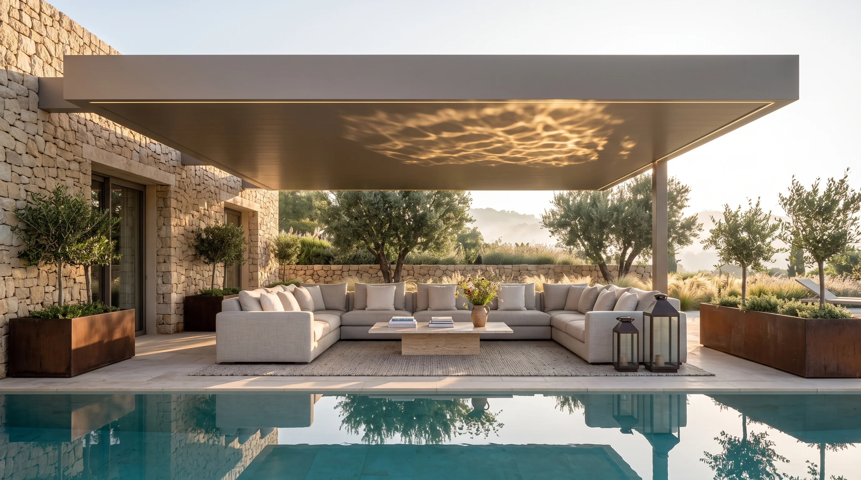 Hard top pergola over an outdoor living room, pool light playing on the solid roof underside