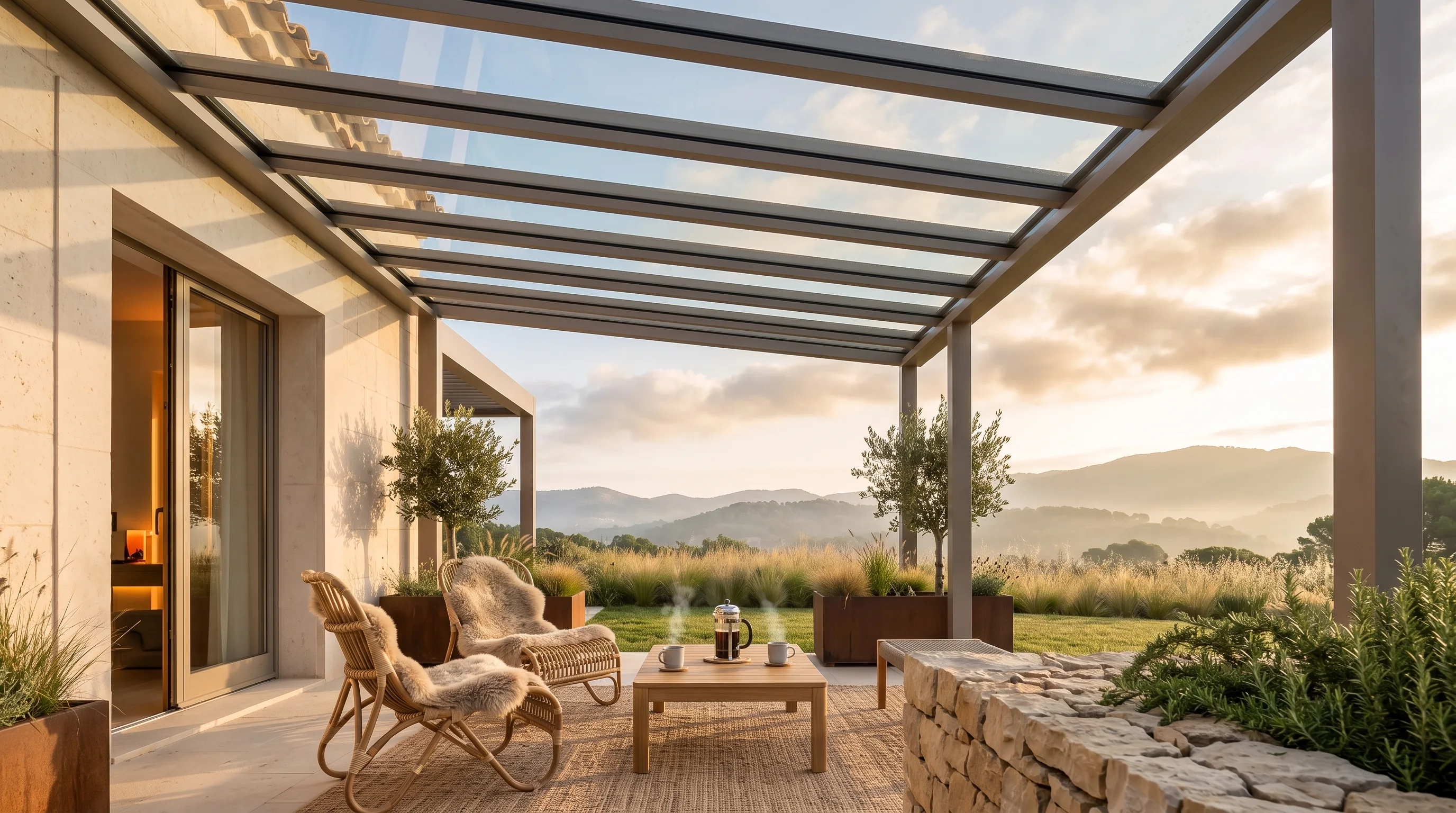 Glass-roof pergola at first light, morning sky read through the panes above a seating nook