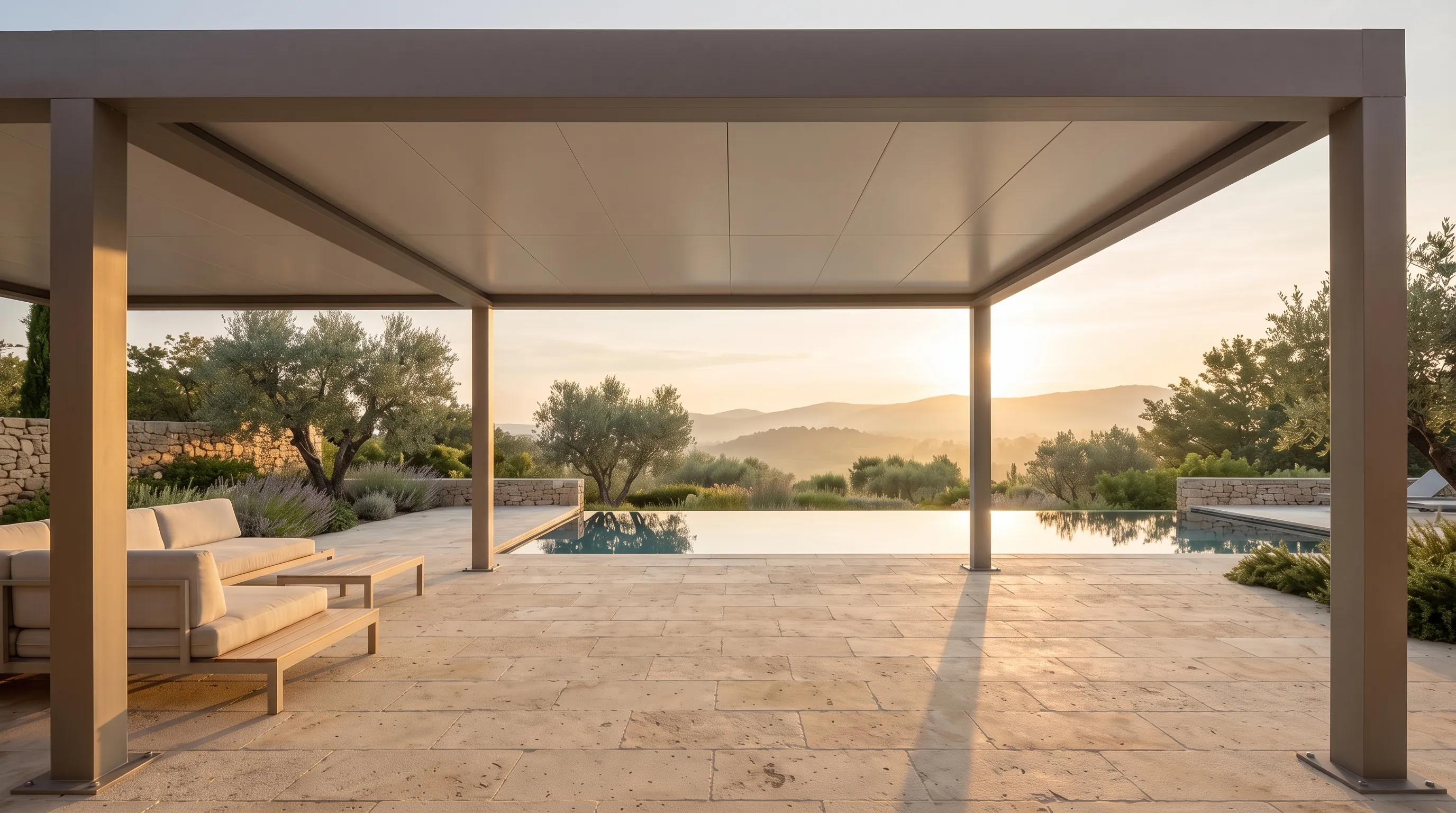 The same terrace under a hard top pergola, the solid roof holding an even shade