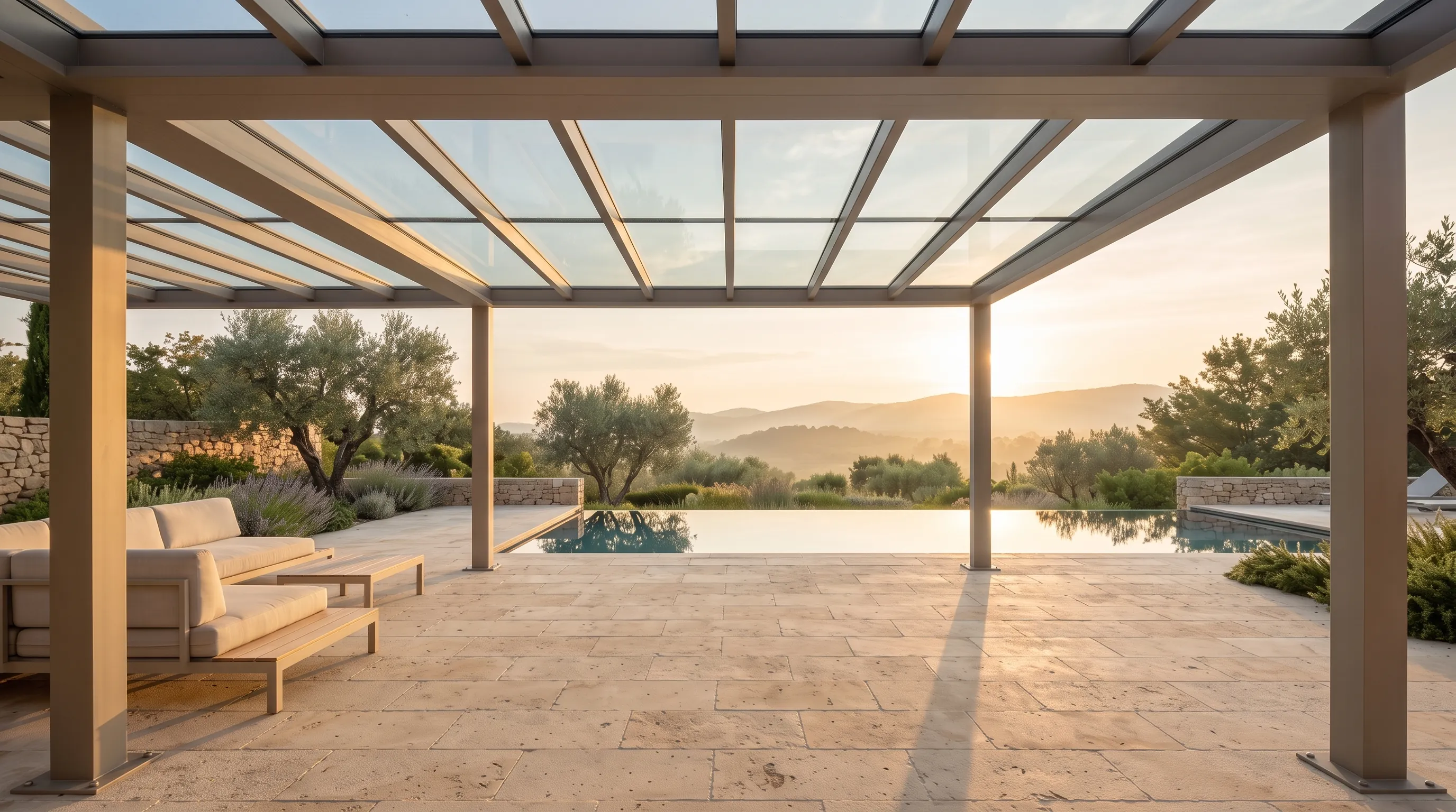 The same terrace under a glass roof, morning sun pouring through the panes