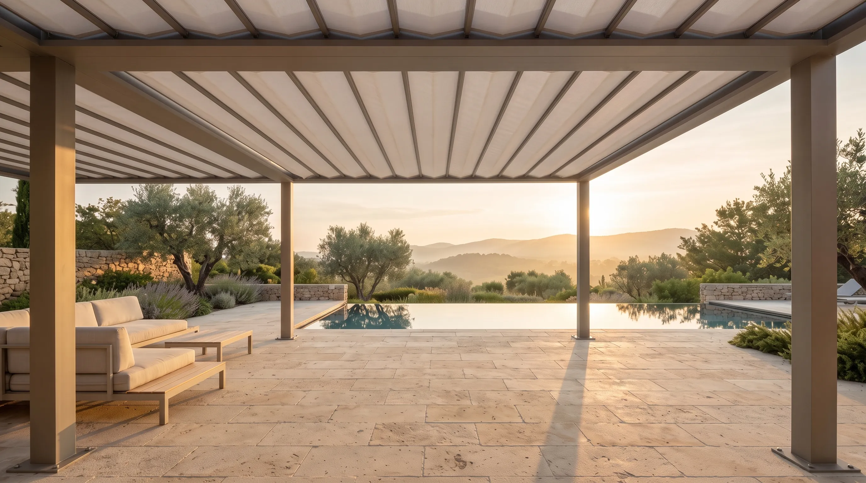 The same terrace under a retractable fabric roof, a soft glow through the membrane